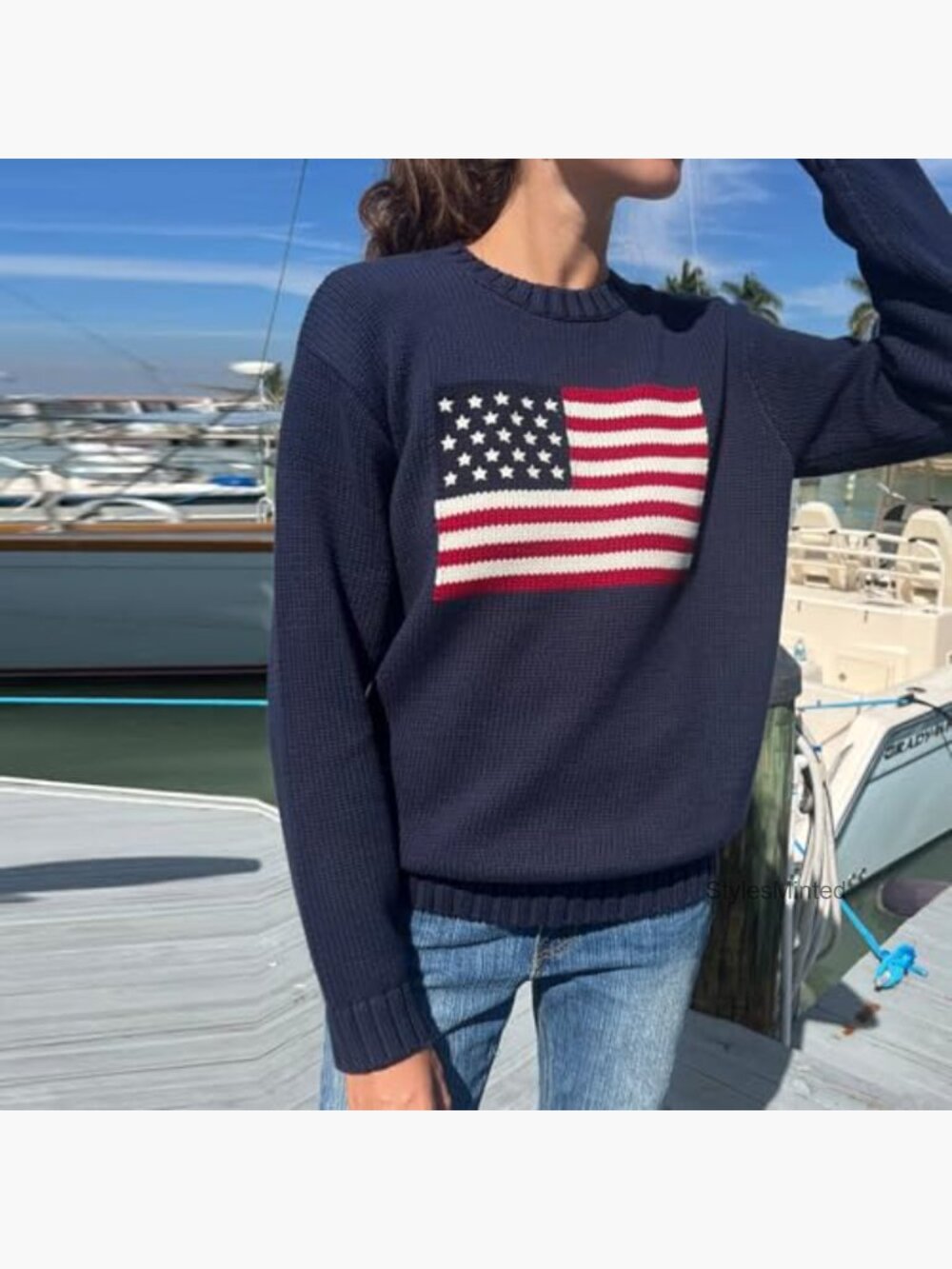 Striped Knit Flag Sweater Pullover Patriotic Top US - Picture 2 of 7